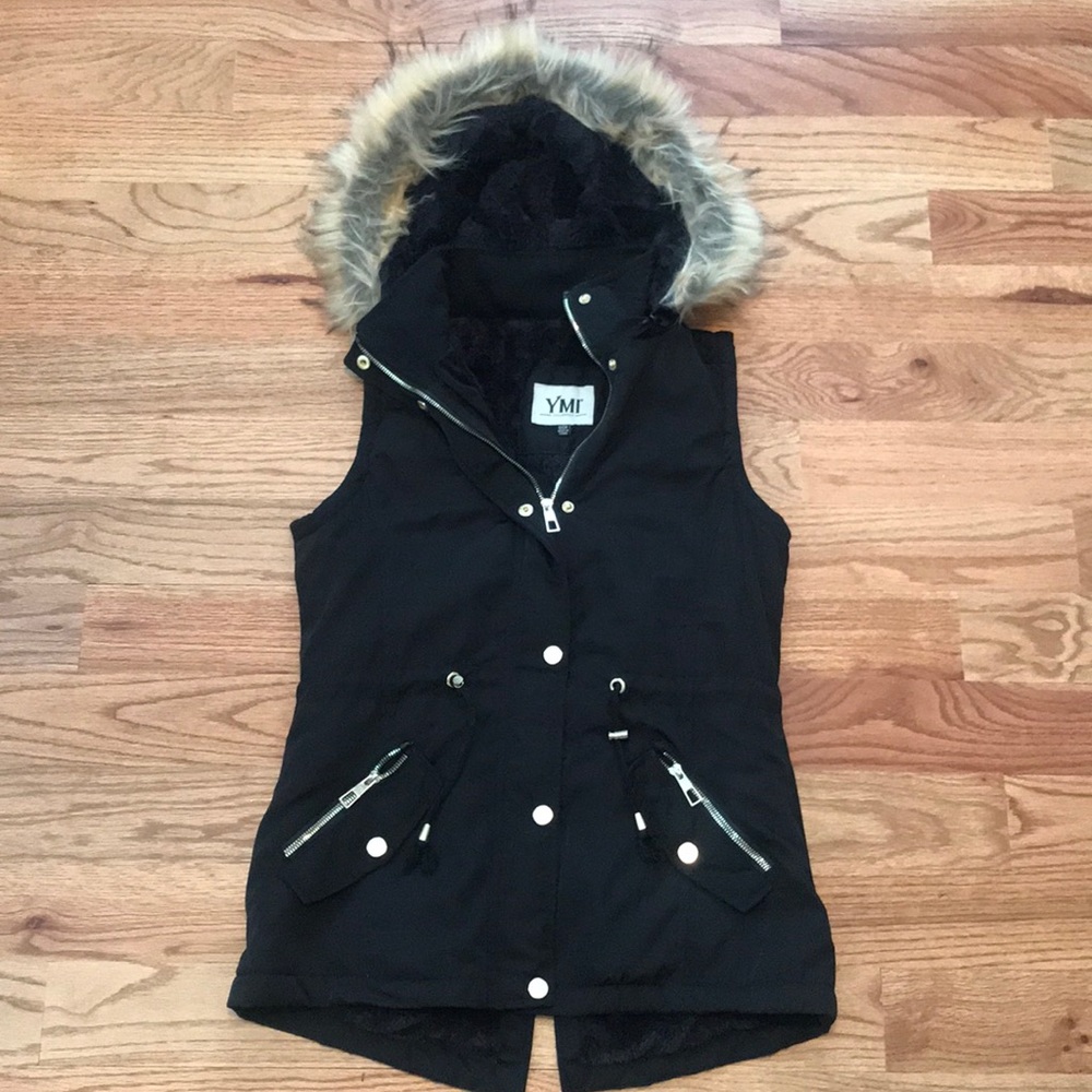 YMI Fleece Lined Vest w/ Detachable Faux Fur Hood
